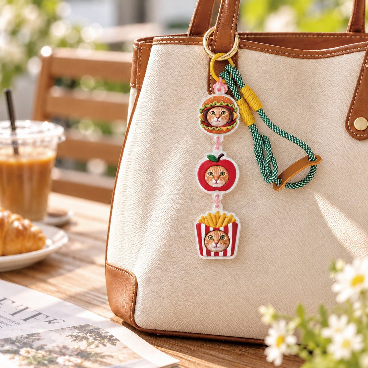 Personalized cat charm attached to a bag