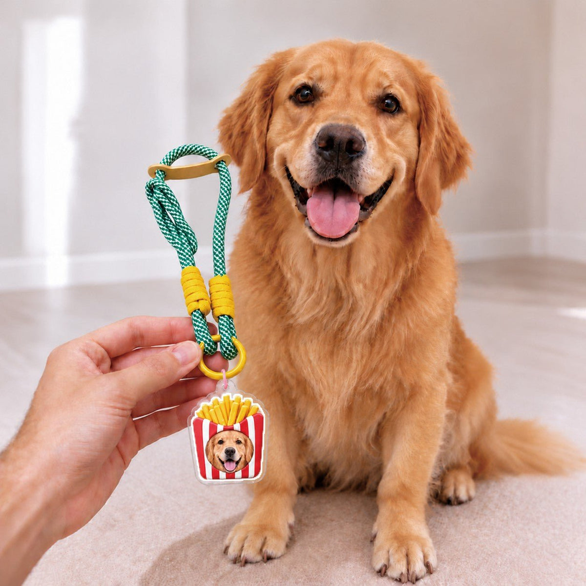 Golden Retriever sits beside its matching personalized 3D charm
