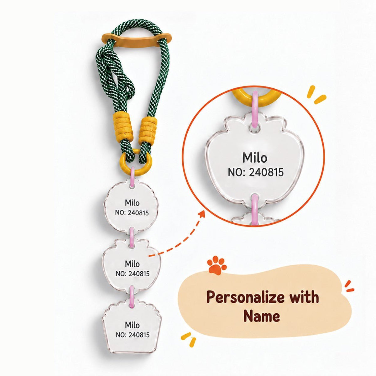 Back of a personalized pet charm showing a custom name